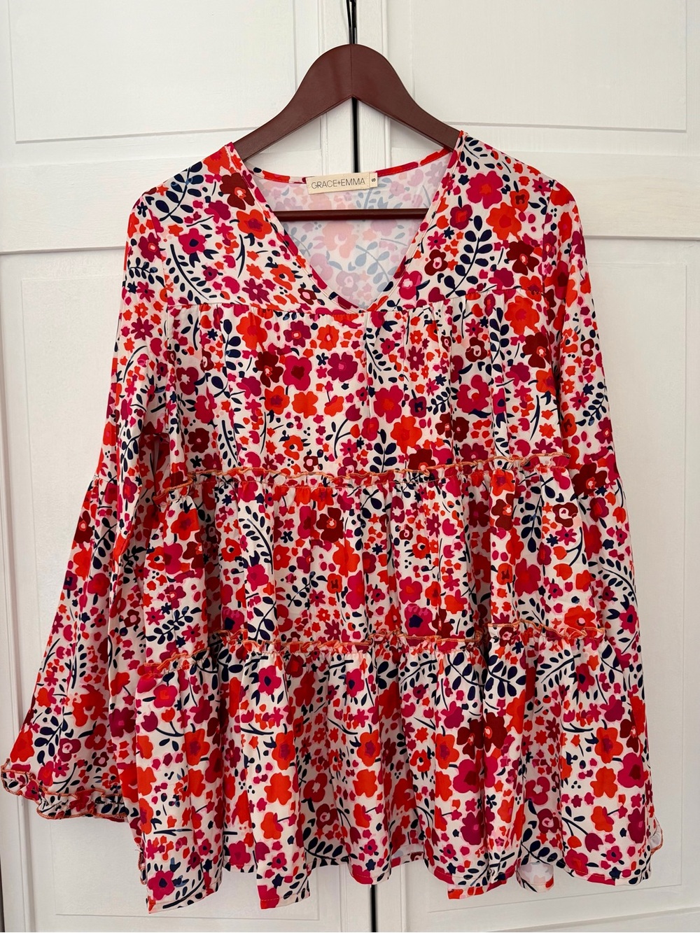 Grace +Emma brand Red Floral V-Neck Tiered Tunic